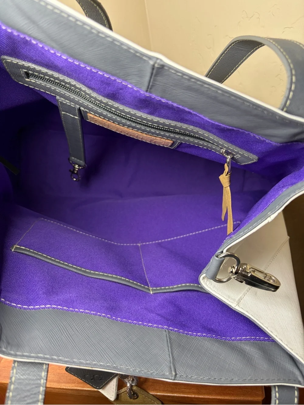 ClaudiaG White & Gray Oversized Tote Bag Purple Interior Work Travel Bag